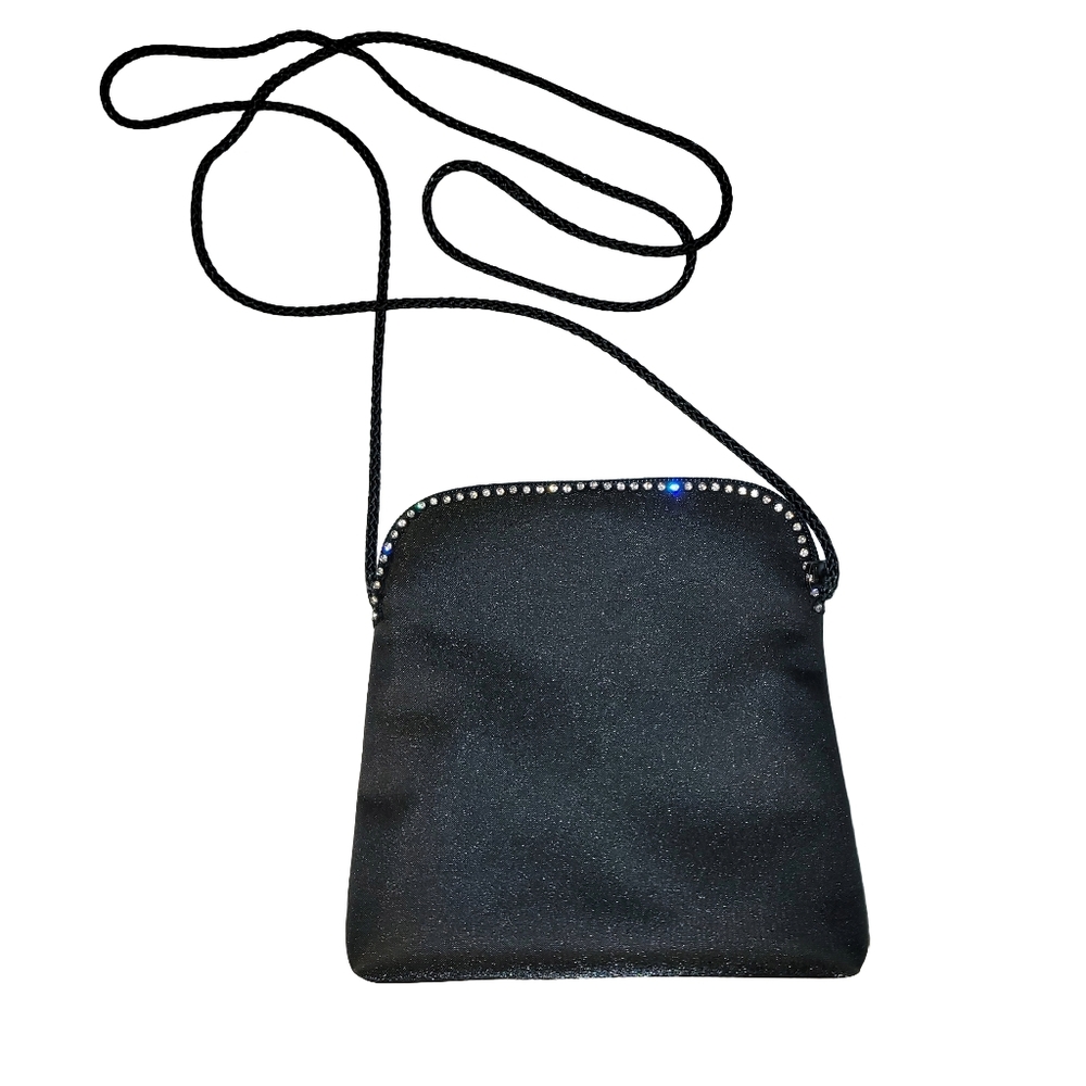 Vintage 1980s Marlo Black Satin Rhinstone Embellished Crossbody Bag Rope Strap